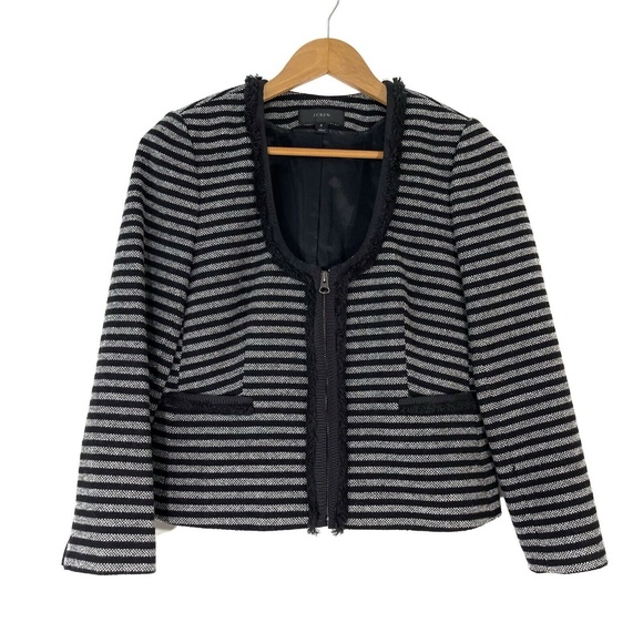 J. Crew Women’s Size 2 Black Grey XS Stripe Wool Blend Tweed Zipper Front Jacket